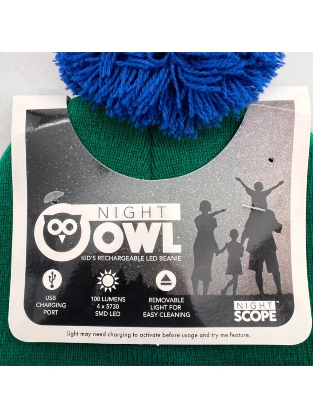 Night Owl Kids Rechargeable LED Beanie Hat Green & Blue With USB Charging Port